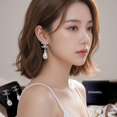 CHANEL 金色珍珠水鑽耳環（夾式）