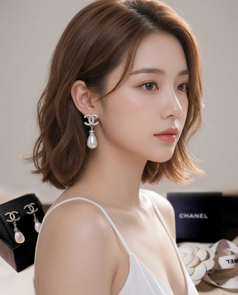 CHANEL 金色珍珠水鑽耳環（夾式）