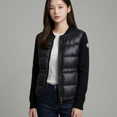 Moncler 黑色羊毛拚薄羽絨Cardigan