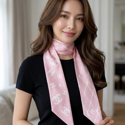 CHANEL 粉色Logo髮帶絲巾