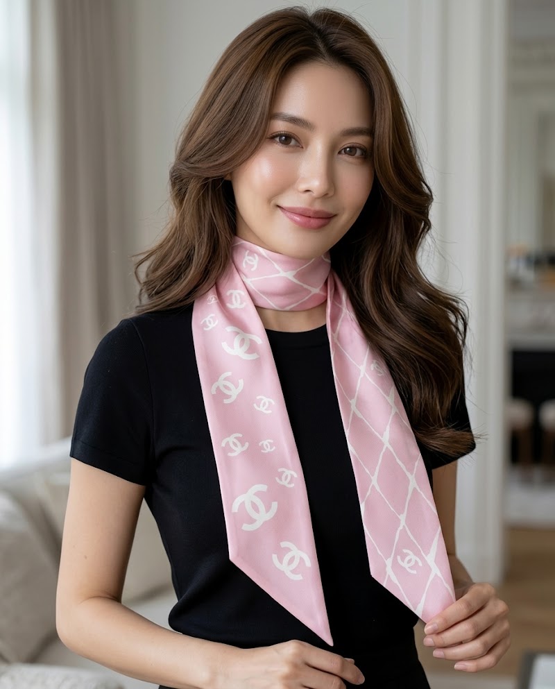 CHANEL 粉色Logo髮帶絲巾
