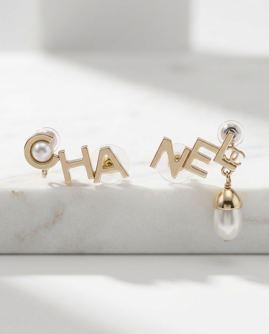 CHANEL 不對襯字母珍珠耳環
