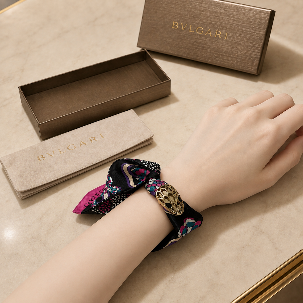 BVLGARI 蛇頭絲巾釦窄版絲巾禮盒:圖片 5